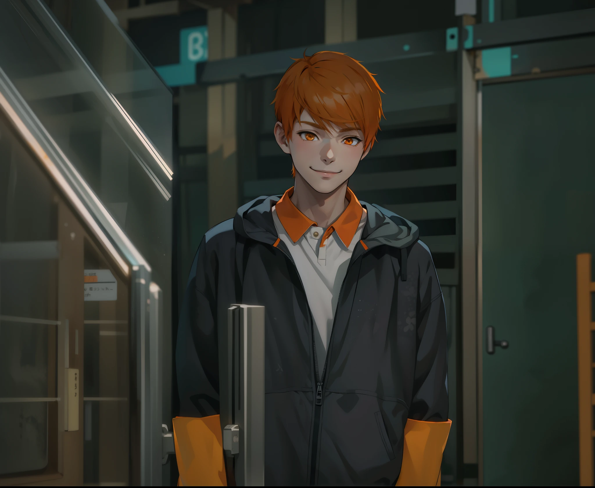 (estilo anime 2d plano)cute boy sad smile orange eyes orange hair
