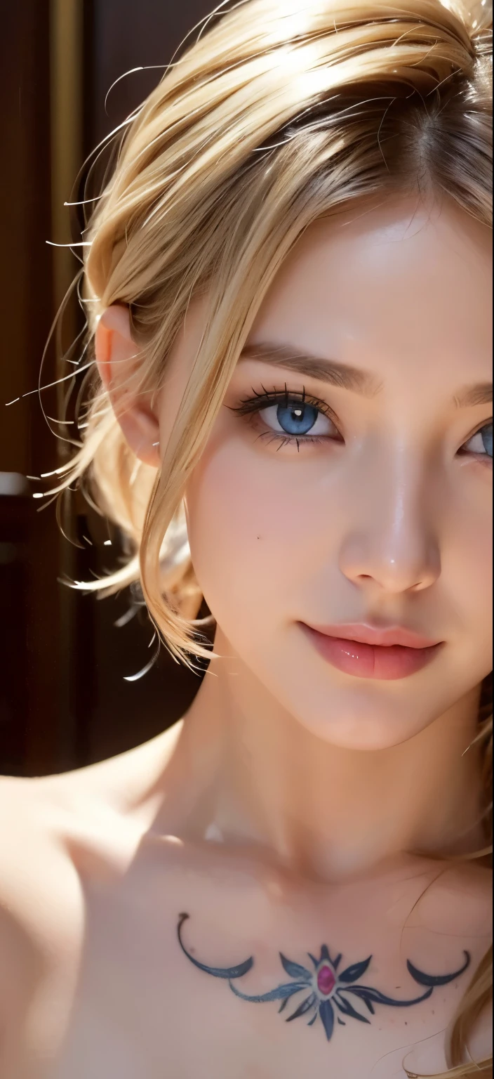 luxury絢爛、Gorgeous、luxury、blue eyes、blonde、Tattoos all over the body、short hair、Hair tied up、Wet、Covered in semen、Full body photo、Sexy Face、short hair、 A look of complete lust、(((masterpiece)))、((highest quality))、((超Realistic))、成熟したwoman、成熟したwoman、perspective、Very detailed、The perfect temptation、Best image quality、Fine-grained image quality、beautiful、European, woman, French, woman Italian, Italian, smile、blue eyes、jewelry, blue eyes, Realistic, High resolution, Soft Light,Hip Up, Glowing Skin, (Detailed face),tattoo, jewelry, , night, blonde, Wavy Hair,attractive appearance, smile, Perfect Style, Perfect balance, 