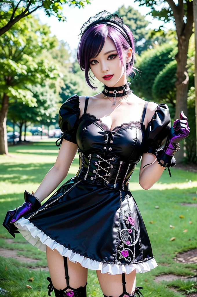 sexy stylish female model, only 1 female, ((doll-like appearance)), short purple stylish hair, ((shiny Punk-Style boots)), (big smile), ultra detailed eyes, Punk makeup, lipgloss, ((sexy Punk Lolita cosplay)), unconventional skirt, petticoats, high neckline, ((ultra detailed lace)), ((ultra detailed embroidery)), intricate details, tartan patterns, safety pins, Punk Lolita accessoires, short black gloves, Punk Lolita choker, ((large sparkling Punk Lolita jewelry)), cinematic light, detailed large park background with trees 