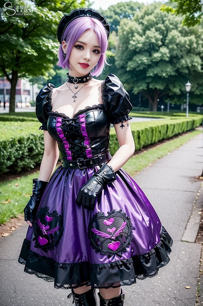 sexy stylish female model, only 1 female, ((doll-like appearance)), short purple stylish hair, ((shiny Punk-Style boots)), (big smile), ultra detailed eyes, Punk makeup, lipgloss, ((sexy Punk Lolita cosplay)), unconventional skirt, petticoats, high neckline, ((ultra detailed lace)), ((ultra detailed embroidery)), intricate details, tartan patterns, safety pins, Punk Lolita accessoires, short black gloves, Punk Lolita choker, ((large sparkling Punk Lolita jewelry)), cinematic light, detailed large park background with trees