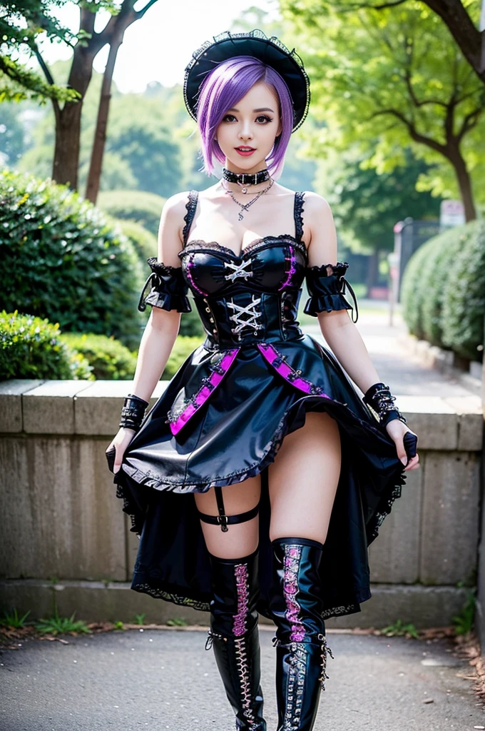 sexy stylish female model, only 1 female, ((doll-like appearance)), short purple stylish hair, ((shiny Punk-Style boots)), (big smile), ultra detailed eyes, Punk makeup, lipgloss, ((sexy Punk Lolita cosplay)), unconventional skirt, petticoats, high neckline, ((ultra detailed lace)), ((ultra detailed embroidery)), intricate details, tartan patterns, safety pins, Punk Lolita accessoires, short black gloves, Punk Lolita choker, ((large sparkling Punk Lolita jewelry)), cinematic light, detailed large park background with trees 