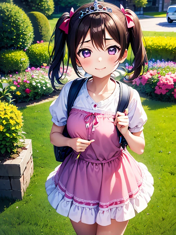 masterpiece, highest quality, Nico_Yazawa,High resolution, 1 girl, alone, brown hair, short hair, twin tails、purple eyes, cowboy shot, ruffle dress, tiara, pink dress, city, outdoors, garden, carrying a red school bag, (randoseru backpack:1.0)、Chibi cute:1.5