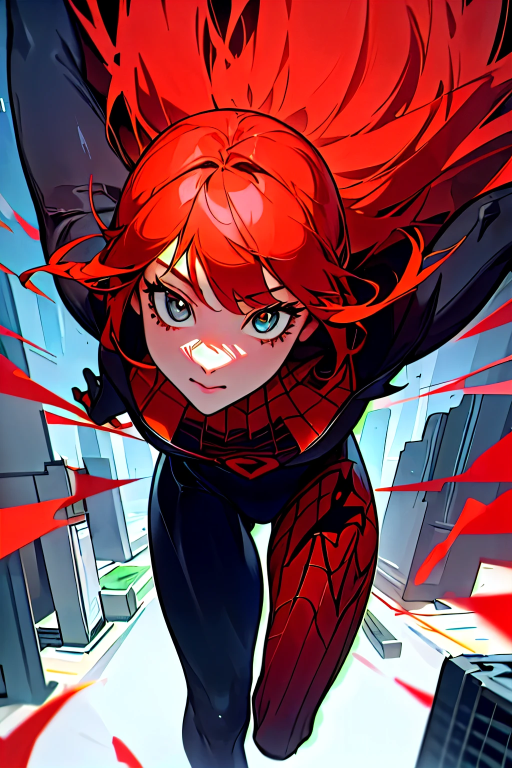 (1girl:1.3), Solo, (((Very detailed face)))), ((Very detailed eyes and face)))), Beautiful detail eyes, Body parts__, Official art, 8k unified wallpaper, Super detailed, beautiful and beautiful, beautiful, masterpiece, best quality, original, masterpiece, super thin photo, best quality, super high resolution, realistic realism, sunlight, full body portrait, amazing beauty, dynamic pose, delicate face, vibrant eyes, (from the front), She wears Spider-Man suit, red and black color scheme, spider, very detailed city roof background, roof, with city view, detailed face, detailed complex busy background, messy, gorgeous, milky white, highly detailed skin, realistic skin details, visible pores, clear focus, volumetric mist, 8k uhd, DSLR, high quality, grain of film, fair skin, photographic realism, lomography, futuristic dystopian megalopolis, translucent. UHD, high details, super detail, best quality, 8k