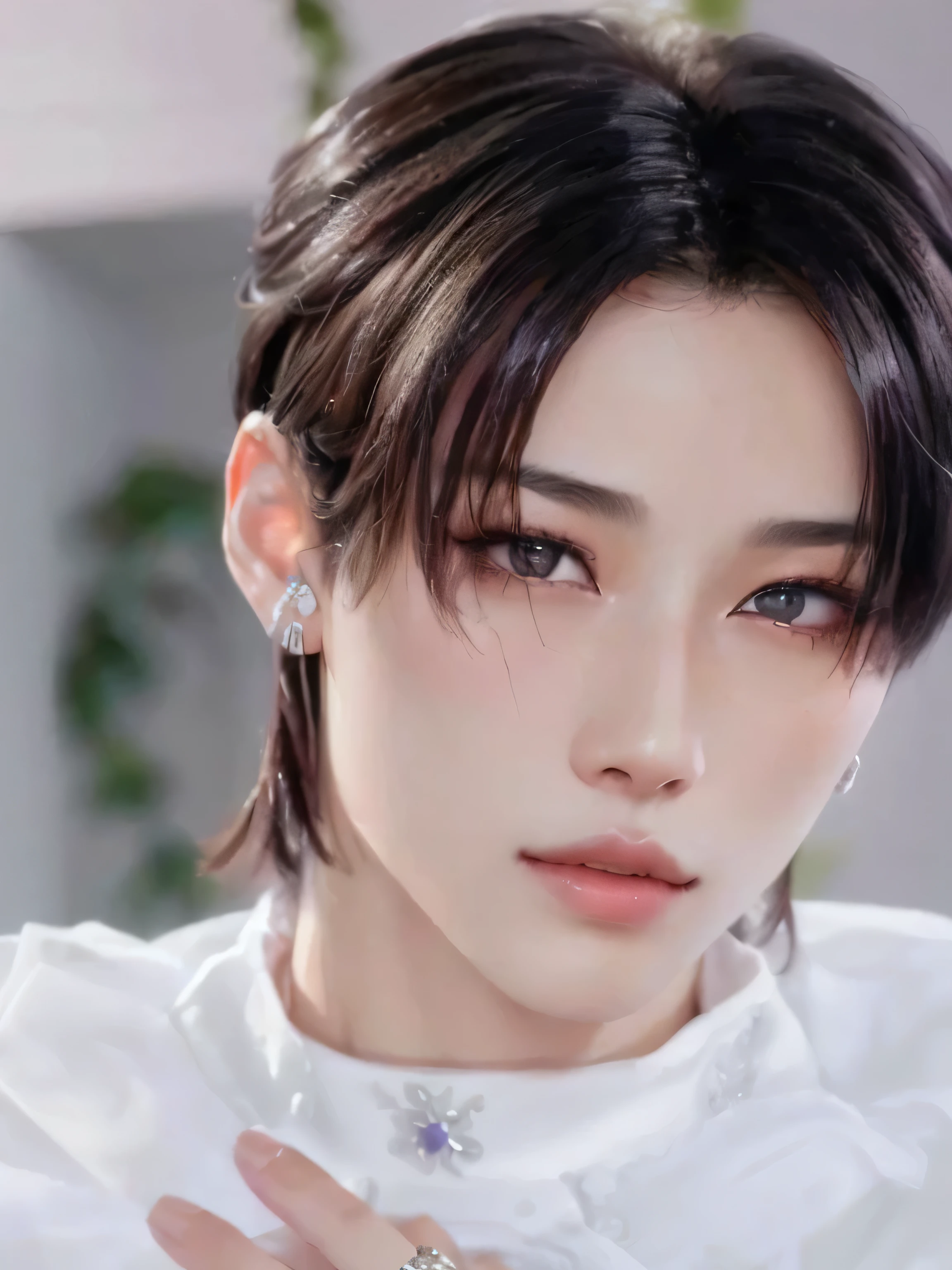 un primer plano de una mujer con un anillo en el dedo, cai xukun, delicate androgynous prince, beautiful androgynous prince, Jung Jaehyun, yanjun chengt, inspirado en Bian Shoumin, sha xi, jia, pale korean adorable face, sakimichan, Jimin\his right eyelid is swollen, dilraba dilmurat