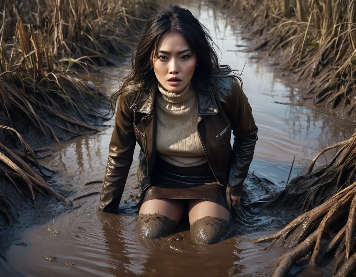 from above view, a woman struggling in a muddy swamp, depraved expression, long messy brunette hair, asian, stockings, muddy pencil skirt, muddy leather jacket, muddy beige turtleneck sweater, mature, (best quality,4k,8k,highres,masterpiece:1.2),ultra-detailed,(realistic,photorealistic,photo-realistic:1.37),dark moody lighting,dramatic shadows,gritty horror style, vegetation, orange,