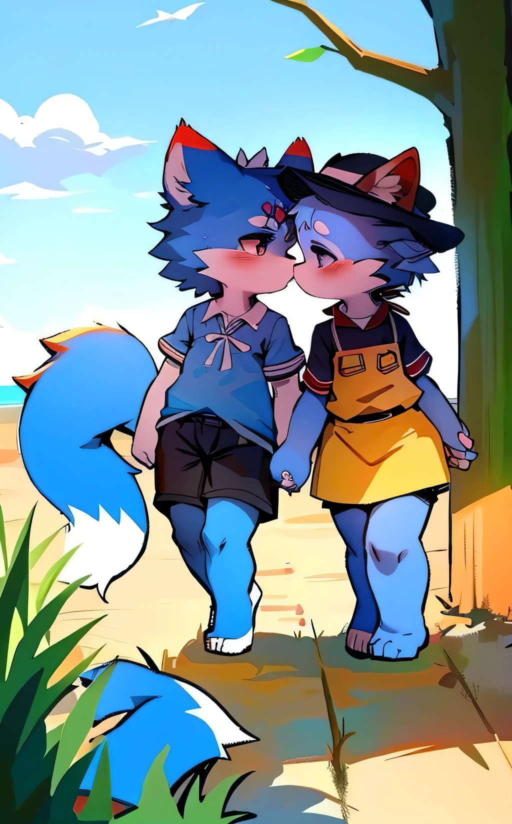 Blue fur, Canine, fox motif, Couple of girls and boys, uniform、A boy holding hands is kissing a girl,
