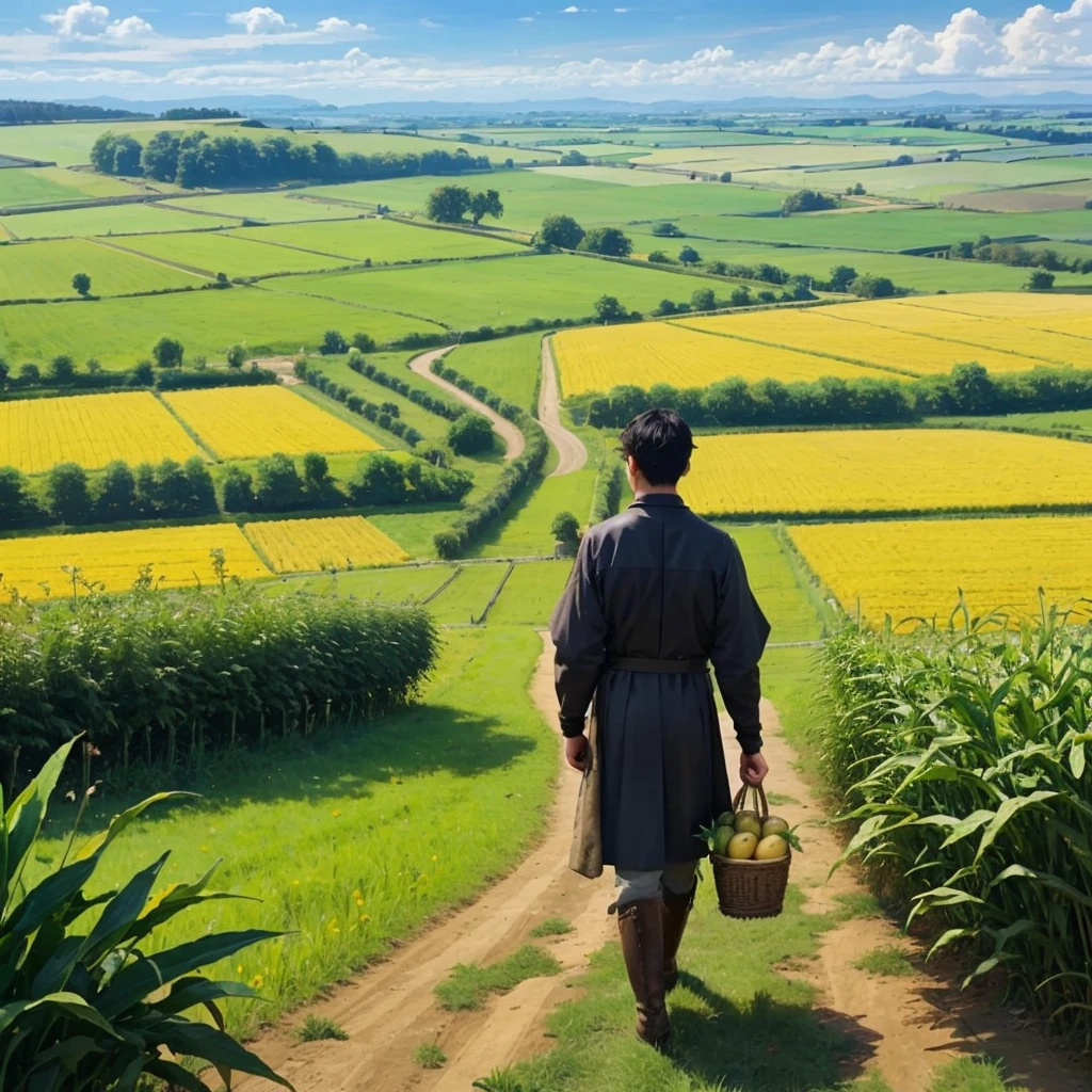 a wide cornfield with a black haired faceless boy walking back home with farmer medieval outfit, holding vegetables in the afternoon 