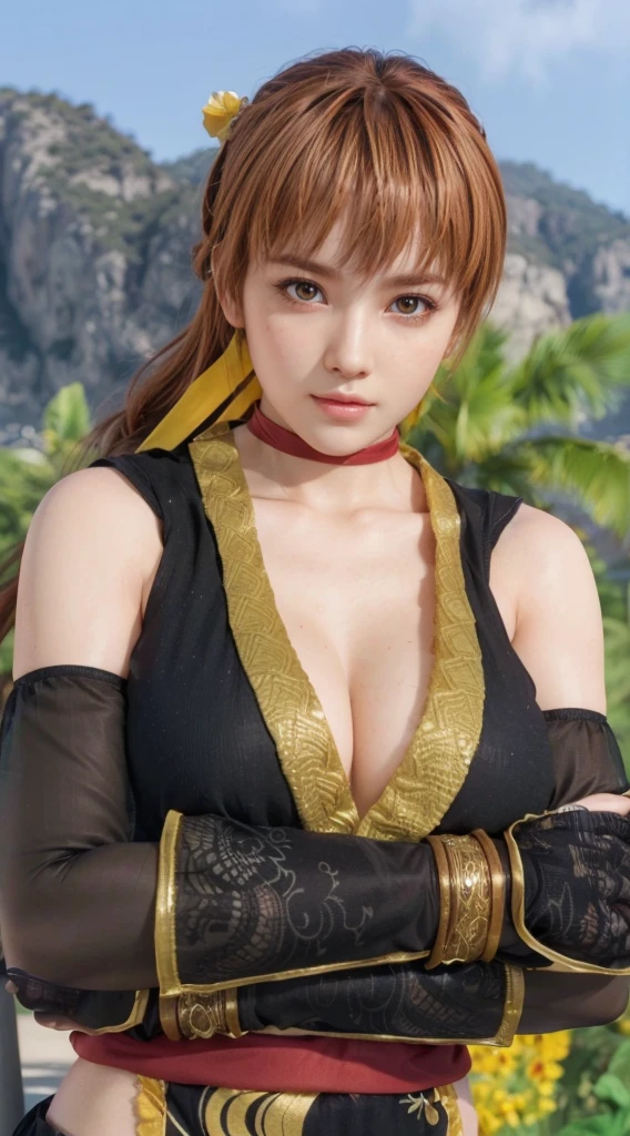 Kasumi, brown eyes, (best quality, ultra-detailed), (realistic:1.37), beautiful and detailed face, ultra-realistic texture, delicate face, delicate body, red lipstick, bright colors. High definition, 8K, well defined legs, angry expression