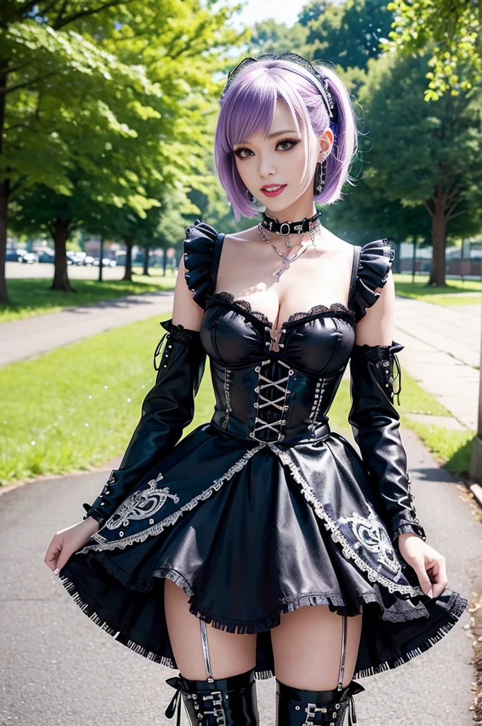 (nsfw), sexy stylish Swedish model, only 1 female, ((doll-like appearance)), short purple stylish hair, ((shiny Punk-Style boots)), (big smile), ultra detailed eyes, Punk makeup, lipgloss, ((sexy Punk ta cosplay)), unconventional skirt, petticoats, high neckline, ((ultra detailed lace)), ((ultra detailed embroidery)), intricate details, tartan patterns, (silver chains), (silver spikes), (safety pins), Punk Loliccessoires, Punk Lolita cr, ((large sparkling Punk Lolita jewel, cinematic light, detailed large park background with trees
