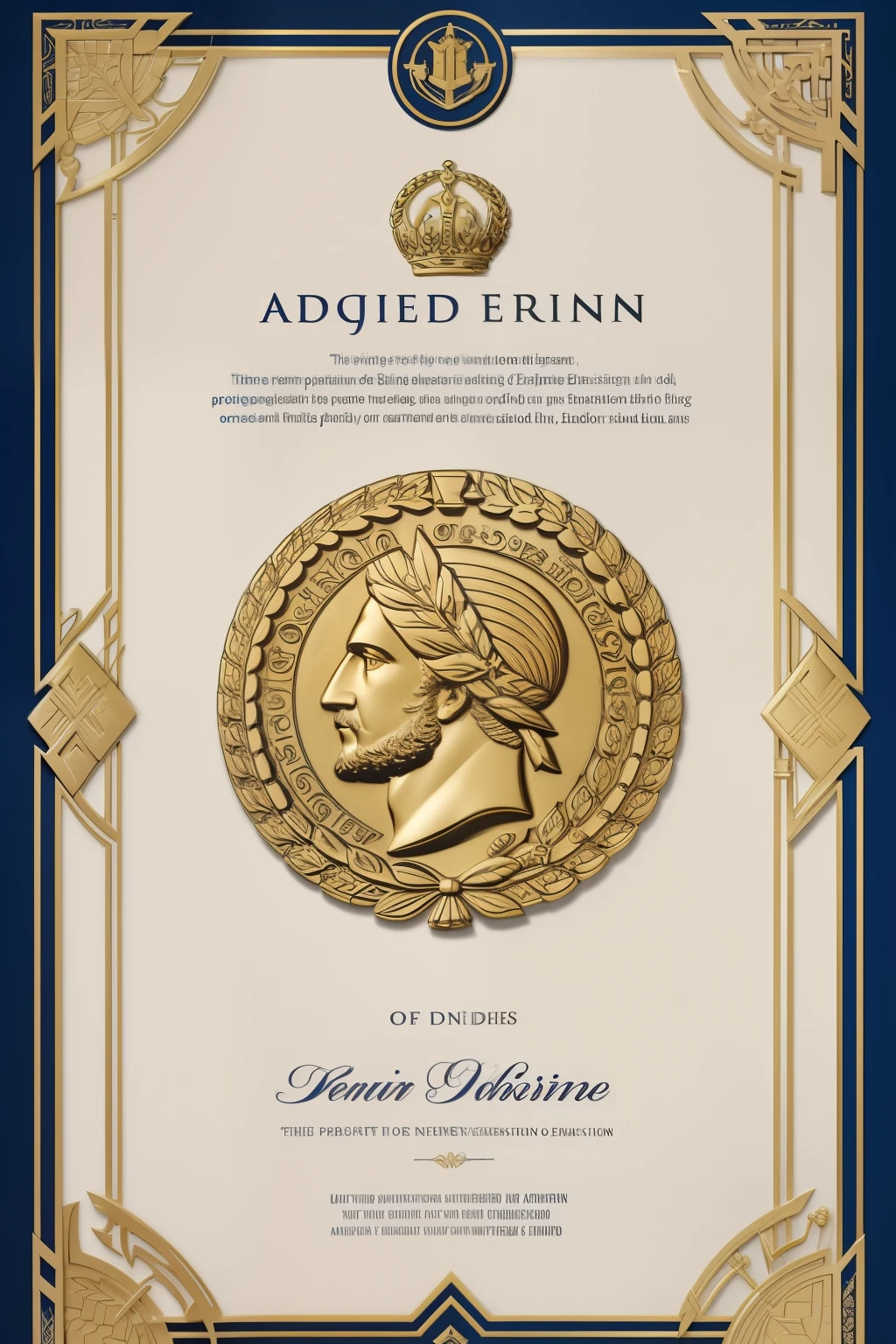 Title: "Enem Essay Logo - Grade 1000"
Description: A mature and sophisticated design featuring a geometric, stylized quill pen surrounded by a laurel wreath, symbolizing triumph and academic excellence. The logo is rendered in high-definition, using a muted color palette of deep royal blue and gold, evoking a sense of grandeur and prestige. The quill pen is crafted with intricate details, emphasizing the sharpness and precision needed for writing essays. The laurel wreath wraps around the pen, creating a harmonious blend of tradition and modernity. The typography for the title is a clean, sans-serif