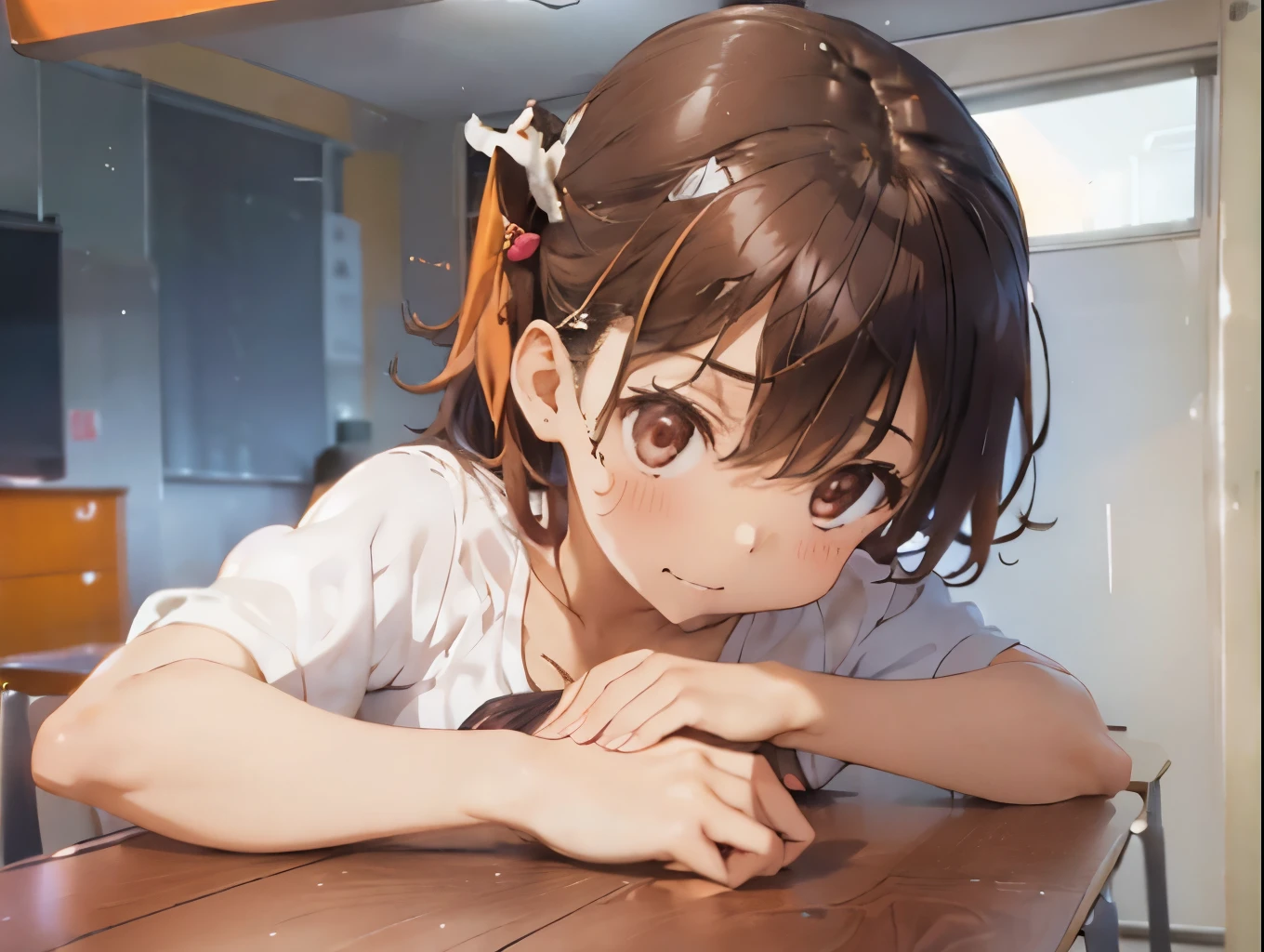 classroom、on the desk、A cute light orange bra、Cute white thong、barefoot、Raw milk、Beautiful breasts、Girl peeing during orgasm、