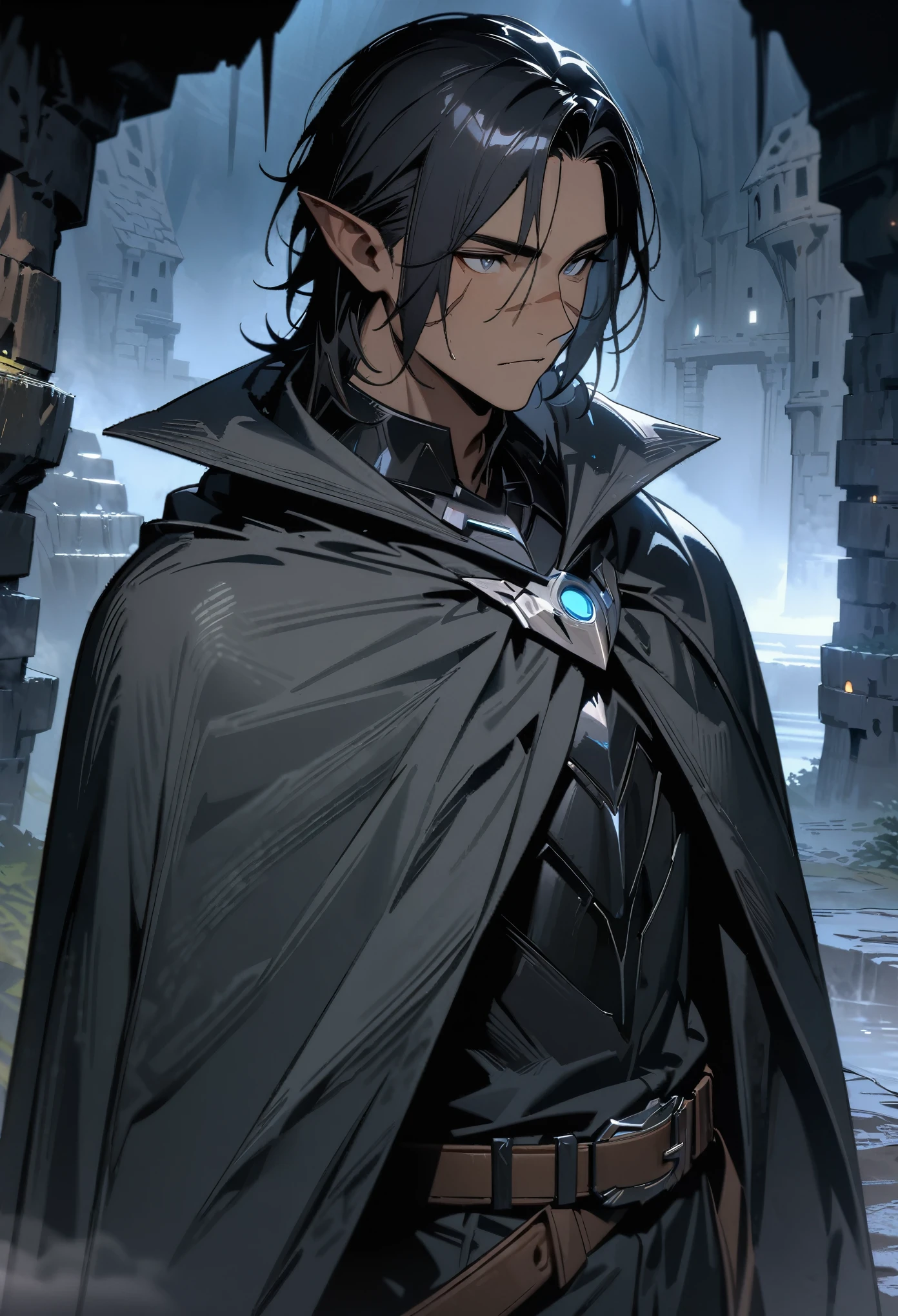 ultra-detailed, 2d, 4k, (best quality, masterpiece), (dark elf male, 1 man), dark hair, dark skinned, grey eyes, (dark sleek armor, cloak), belt, small scar, male focus, upper body, fantasy, dark cave, underground town, stone buildings, dimly lit, fog, dark greyish blue lighting, (calm)