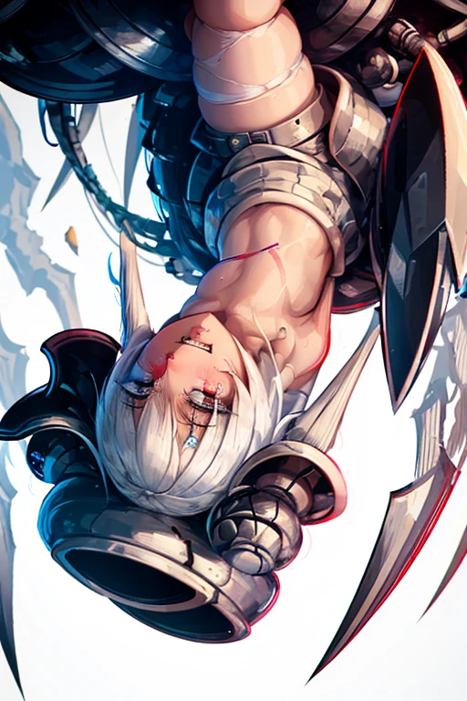 a hot 20 year old girl (she is stuck inside a tube and she calling for help) (white hair) (in a testing room) (she is scared) (white chemail on her arm) (she is naked)