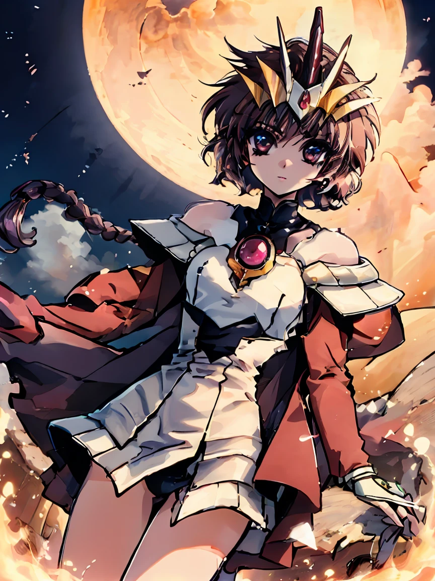 Fancy,1girl hikaru shidou hairband headgear, armadura roja hombro armadura capa roja codo guantes leotardo muslos blancos muslos,cameltoe,obra maestra,noise reduction,perfect anatomy,high resolution, ultra detallado,juego cg,dutch angle ,Hermosos ojos detallados,visualart,cinco dedos, manos perfectas, perfect lighting,