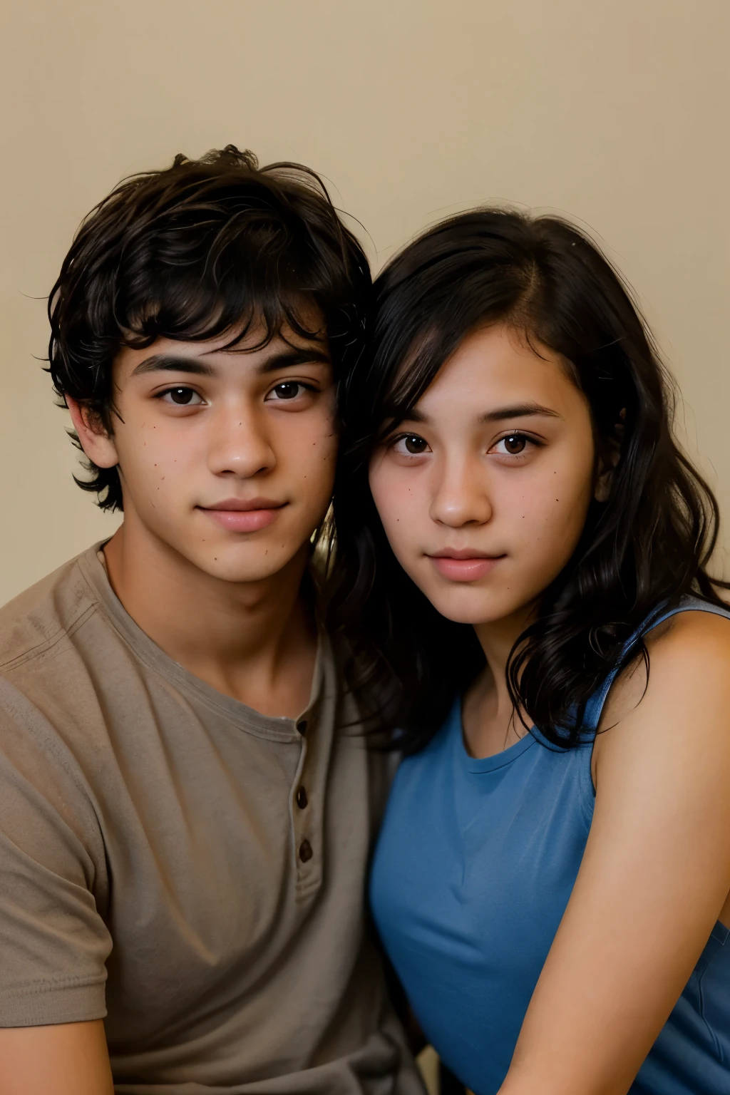 A messy young man with short, curly black hair, brown eyes, slightly dark skin, not attractive at all, and he and his younger sister.