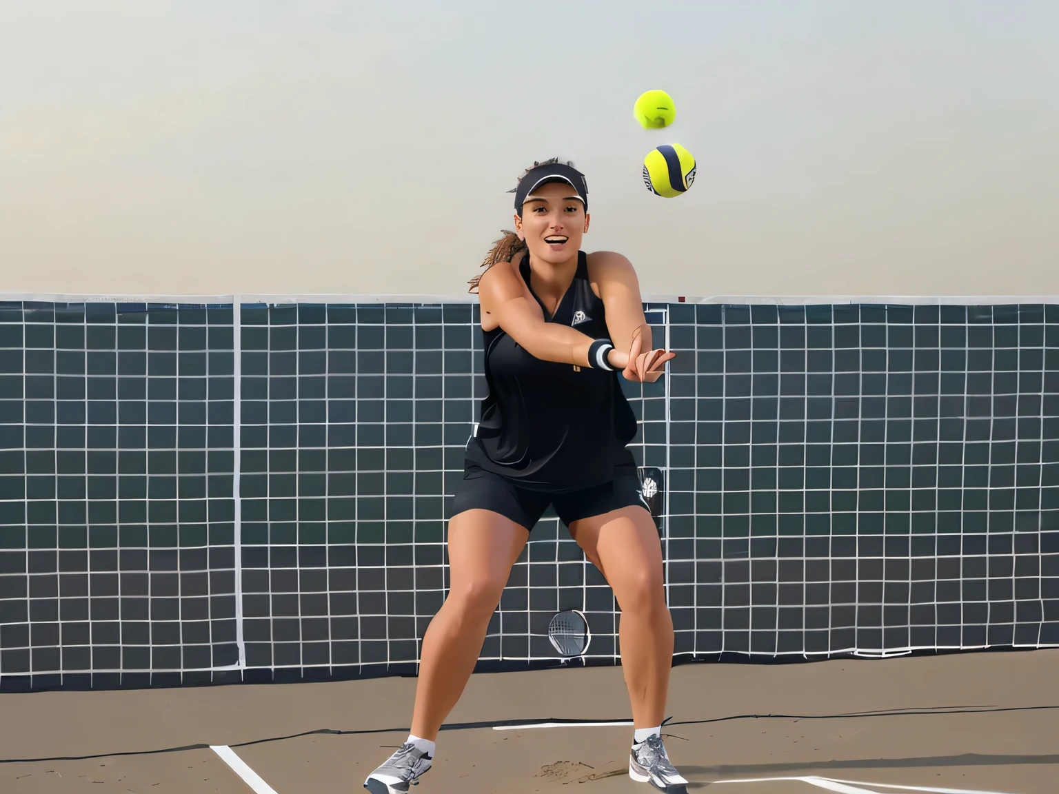 woman in black shirt and shorts playing with tennis balls on a court, volleyball, in an action pose, malika favre, half-body shot, half - body shot, holding a ball, female beach volley player, in water! up to shoulders, sanja stikovic, triumphant pose, caroline gariba, half body shot, dynamic action shot, fun pose