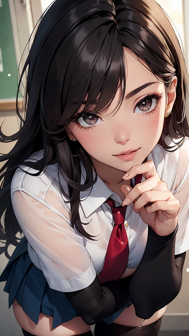 concept:A portrait of a beautiful woman。 

quality:(highest quality, 4k, High resolution, masterpiece:1.2), Super detailed, (real, photorealistic:1.37), 

illumination:cinematic light, Bright colors and mesmerizing effects, Soft and delicate illumination, gentle shine, Lens flare, Beautiful and gentle atmosphere throughout the scene, 

Subject information:alone, ((young woman)),  (round eyes), (small face), (high detail skin:1.2), long eyelashes, glossy lips, (black hair, long straight, reddish brown eyes), attractive chest line, (slim body shape:1.4, A woman with a slender body and big breasts), Highly detailed face and skin texture, (happy expression), ((facing the front:1.2)), (Place both hands behind the body:1.5, photo shootのためポーズをとる, sexy pose), (((school uniform, girls school uniform:1.2, 40 denier stockings))), 


Other details:after school:1.5, standing pose:1.2, beautiful skin, shiny skin, perfect fingers, five fingers, anatomically correct, background bokeh, 500㎜, f/4, photo shoot,