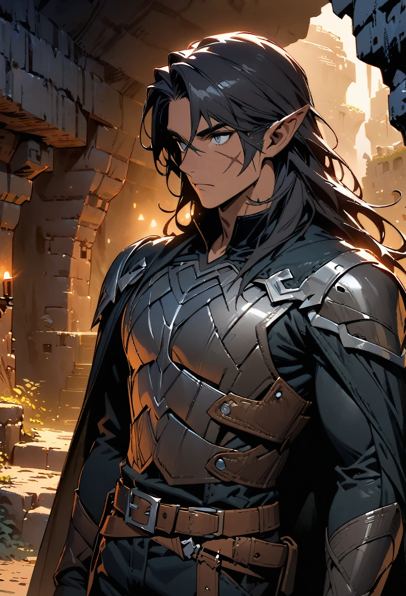 ultra-detailed, 2d, 4k, (best quality, masterpiece), (concept art:1.37), (dark elf male, 1 man), dark hair, dark skinned, grey eyes, (sleek rogue armor, dark leather armor, chest-plate), belt, cloak, small scar, male focus, upper body, fantasy, dark cave, underground town, stone buildings, dimly lit, (calm)
