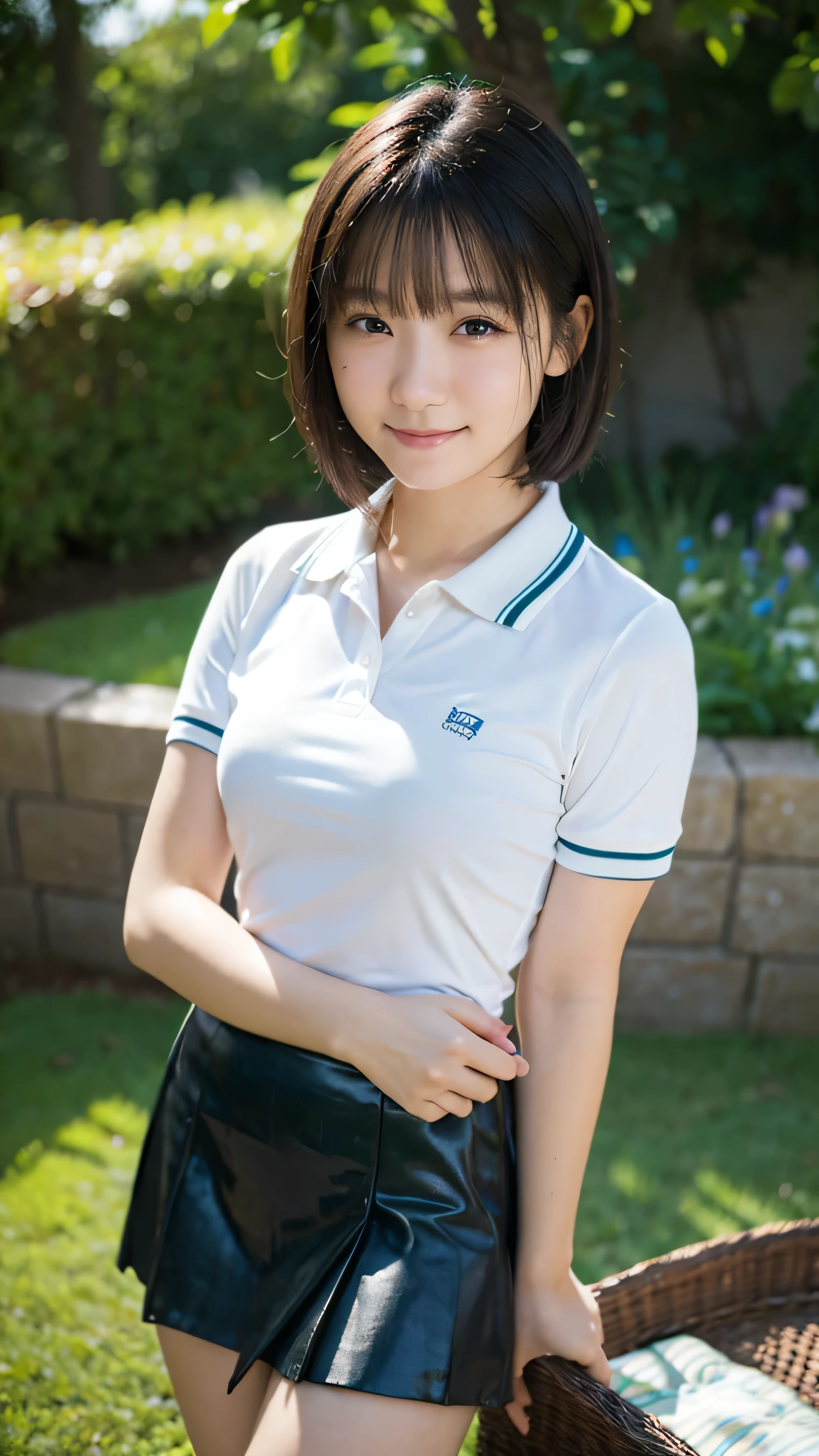 (highest quality,masterpiece:1.3,Ultra-high resolution),(Very detailed,Caustics,8k), (Realistic:1.4, RAW shooting),garden,Grass,sit,Japanese,16 years old,cute,(smile),Looking into the camera,Short black hair,Polo shirt,mini skirt,High Angle,High Position,Face Focus,Face close-up,Natural light