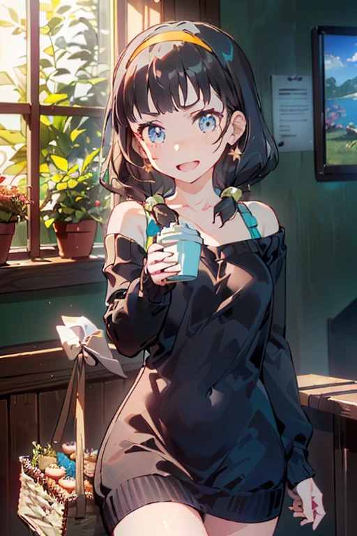 ((Green juice cup, fizzy, sparkling, foamy, holding bones, best quality)),(complex lighting),solo,1girl,upper body, eveline, black dress, black hair, boots, sleeves rolled up, hair over one eye,long hair, pale skin, sitting, on chair, grey eyes