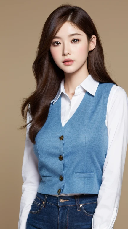 (lifelike, high resolution:1.3), 1 girl with a perfect figure, The face shape and eyes are super beautiful,Long hair, Random color vest:1.2, Short jeans, Big boobs,Baogou