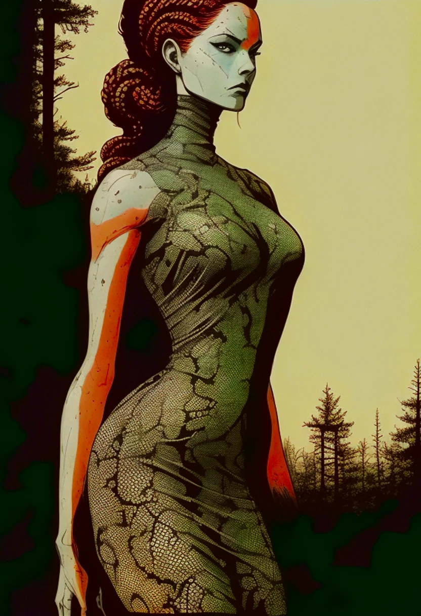 Medusa, comic panel, candid,((art style "Sean Gordon Murphy" comic drawing, splash panel)), snake skin dress, (background, pine barrens, entropy, rewilding, magic hour nautical twilight), body drawn in Frederic Delavier musculature anatomical illustration art style, (face, ornate black metal corpse paint, resembles Grace Jones), silhouette, full body portrait, (body, Naga, snakefolk, lower body snake tail, snake woman hybrid, bald, hairless, skeleton, snake skin tattoos, piercing eyes, snake pupils), craftsmanship nuance, full body portrait, (colors, forest green to earth brown, merge bleak muted deep fiery radiant glowing CMYK hues, (horror, abstract, surreal, body, cosmic), (art style Gerardo Zaffino charcoal), double exposure, optical illusion, nyctophobia, subliminal orchids, unfinished,