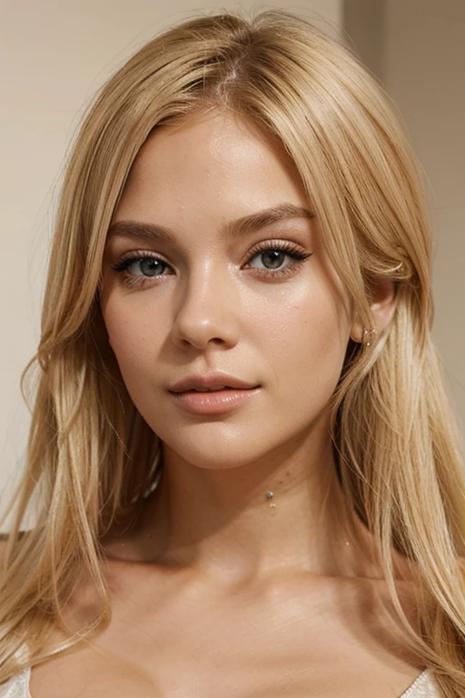 Create a blonde woman character with perfect features,olhos azuis e cabelo comprido, sexy,
