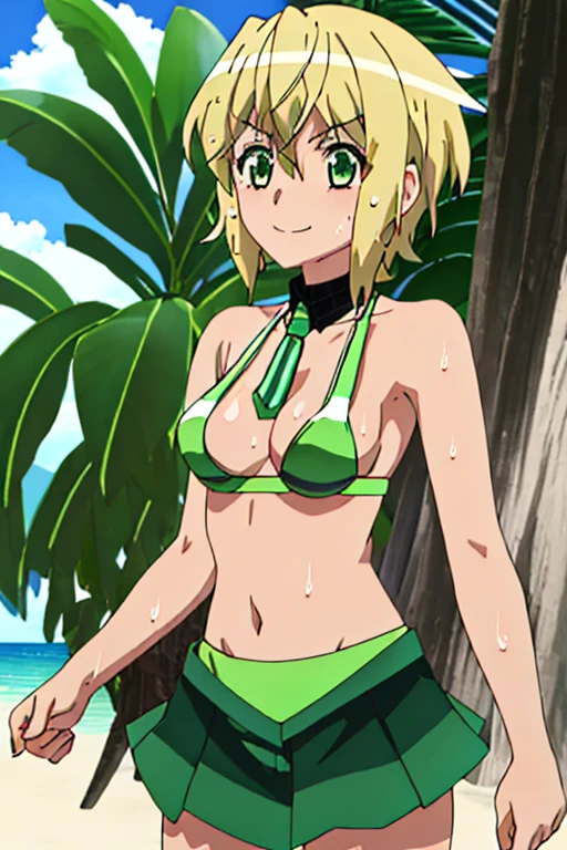highest quality, masterpiece, High resolution, alone,  blonde_hair, short_hair, green_eye, Shiny_hair, hair_ornament, Shiny, Vatu_hair_ornament, One girl, kirika akatsuki, blondeのhair, greenのeye, Open your mouth, blush, smile, Micro Bikini, Beach, Sweat, Wet, light, shine, Thighs, clavicle, Tight waist, 