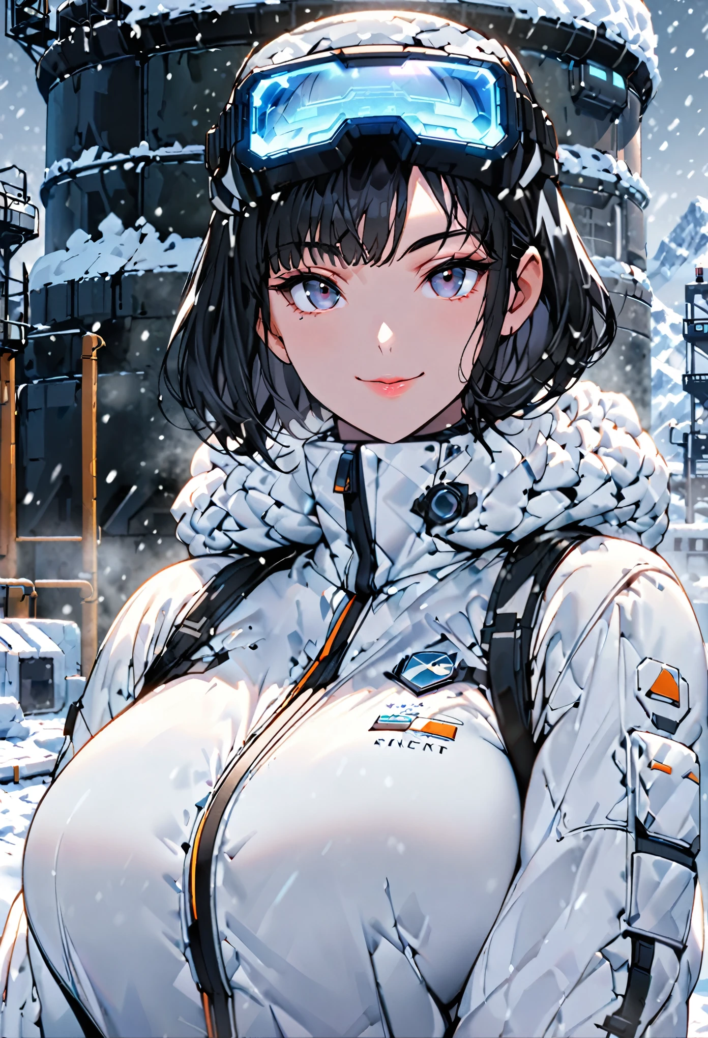 solo, female, sfw, medium shot, huge woman, extremely tall woman, black eyes, black hair, short hair, Antarctic uniform, thermic clothes, smile, broad shoulders, artic, close up, looking at viewer, futuristic, head-mounted display, bulky clothes, snow, facility in the background