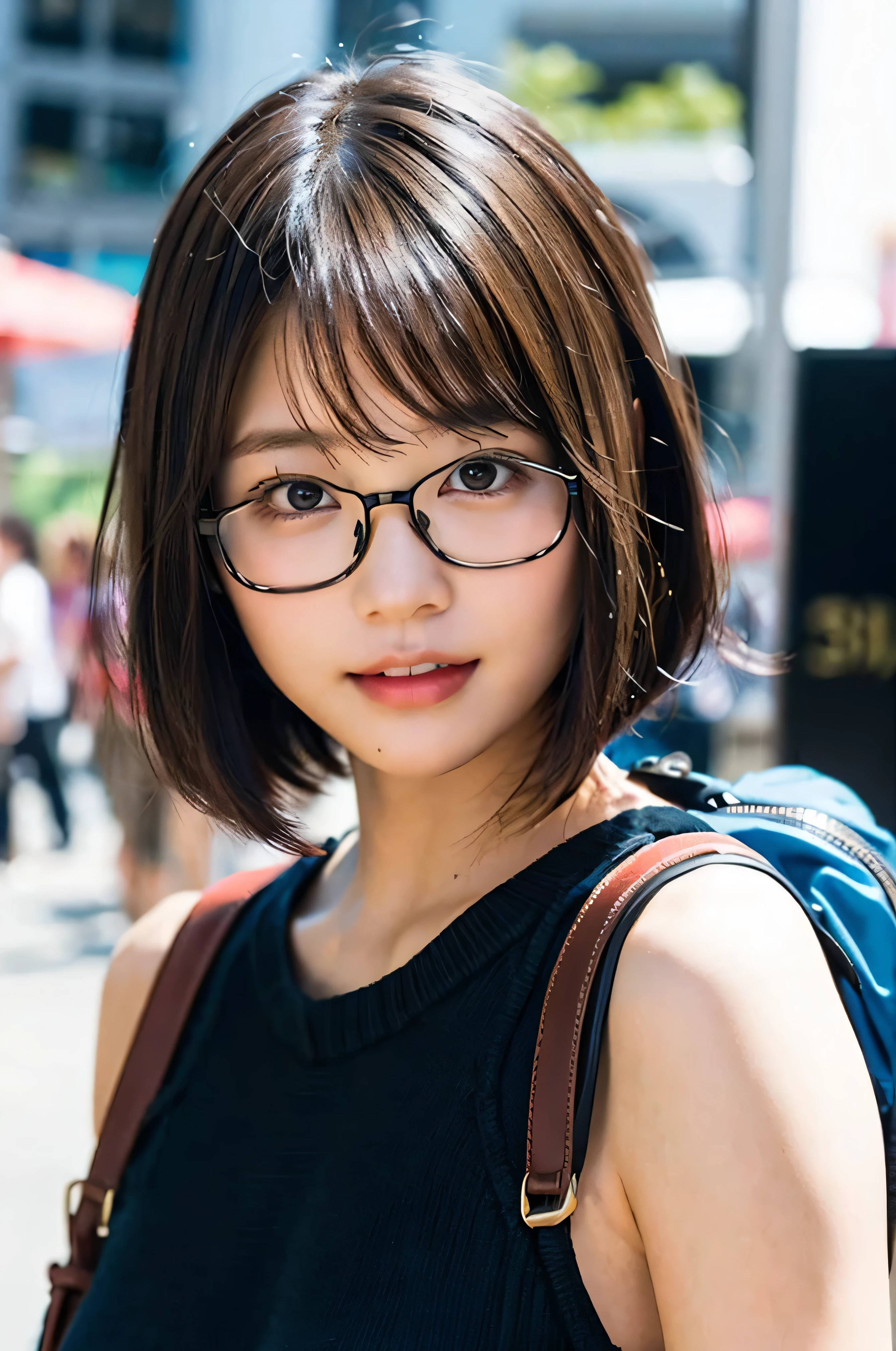(8k、Raw photo、highest quality、masterpiece:1.2)、(Realistic、Photorealistic:1.37)、Ultra-detailed、超A high resolution、1 girl、Seeing the viewer、Beautifully detailed face、A smile with slightly visible teeth、narrow、(Slim waist) :1.3)、pastel tone clothes、Beautifully detailed skin、Skin Texture、Floating Hair、((Bob Cut Hair))、Shapely large breasts、Professional Lighting、In front of the station at noon、((Black square glasses))、Human whole body、Black Hair、((Have a small rucksack))、