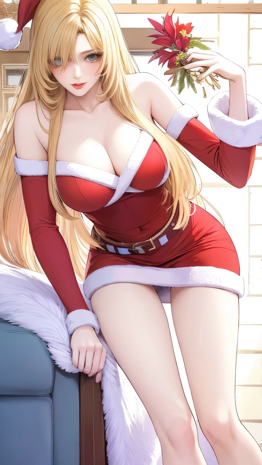 (masterpiece, best quality:1.2), 1girl, solo,mature_lady, delicate face,detail eyes,long hair, floating hair,medium breasts, floating clothes,,santa clothes,leaning forward,on sofa,