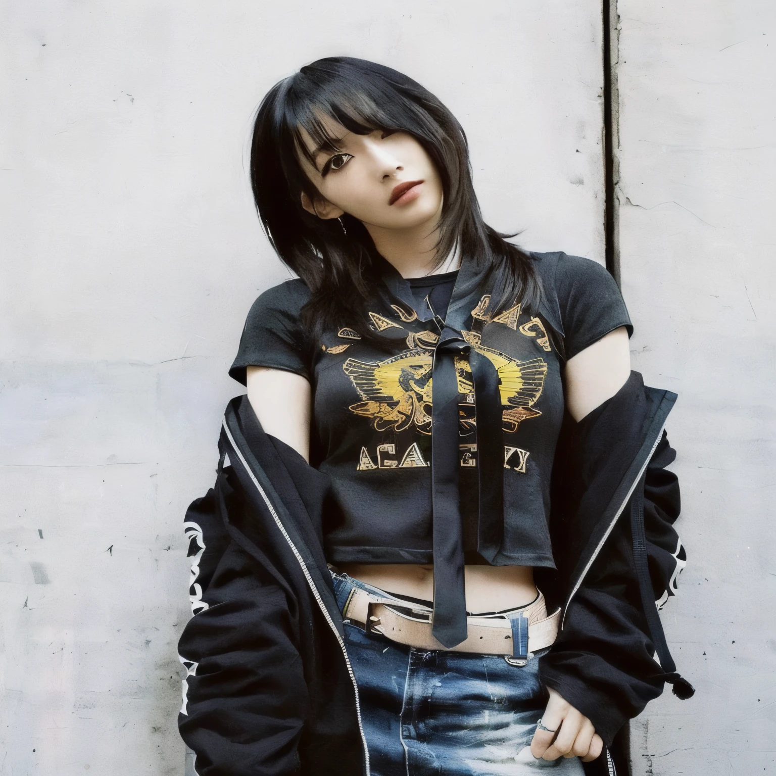 Mujer arafed con camisa negra y corbata parada frente a una pared, she has black hair Con flequillo, sui ishida con cabello negro, cabello con flequillo negro, flequillo negro, con flequillo completo, moda emo moderna, Con flequillo, long black hair Con flequillo, con camiseta corta rota, una chica emo, chica cyberpunk de pelo negro azabache, sakura de le sserafim grupo de kpop sucoreano, le sserafim, sakura