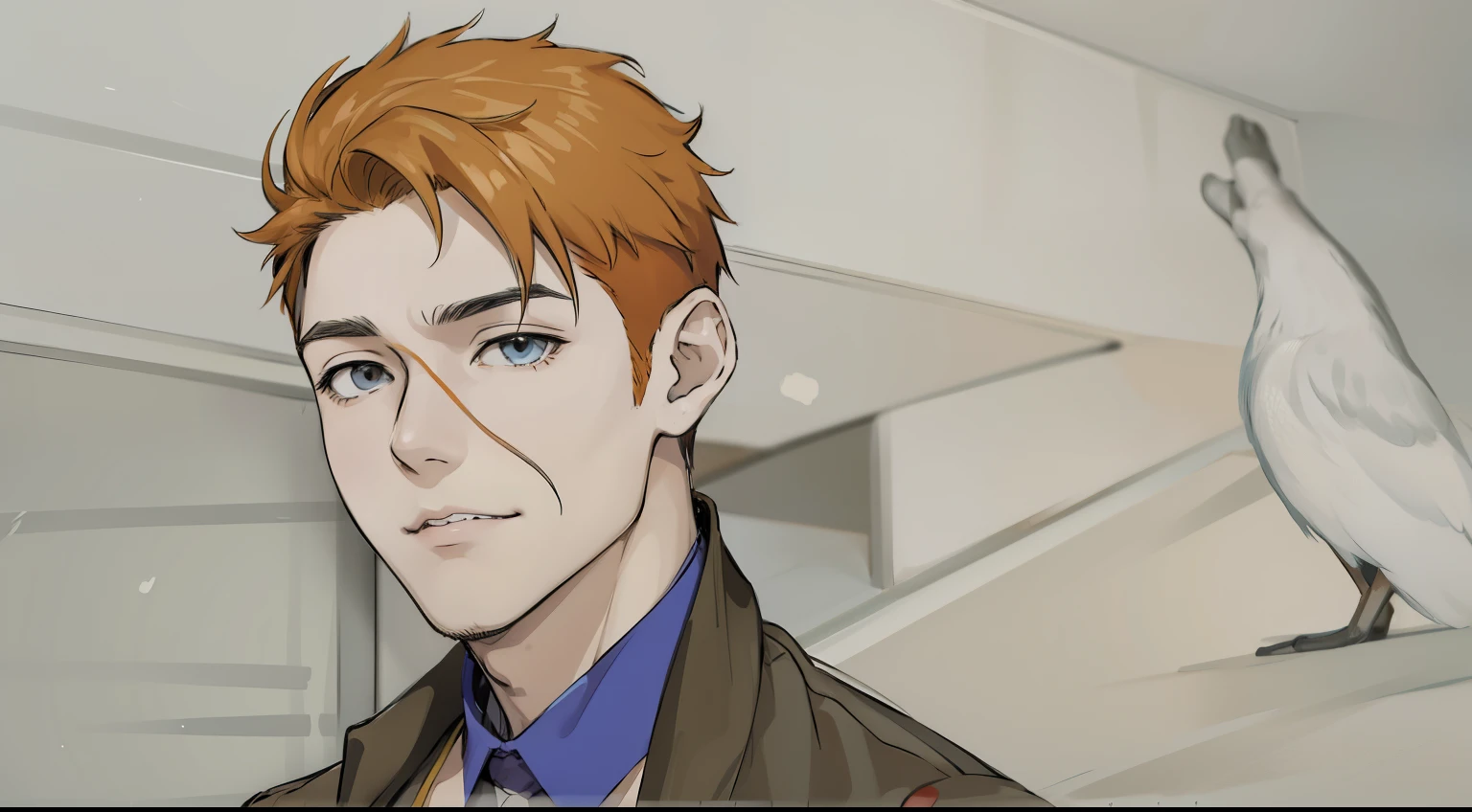 (estilo anime 2d plano) He's talking to someone, he opens his mouth, cute 17-year-old boy, shy smile, sad, orange eyes, orange hair, he has a scar on his face.