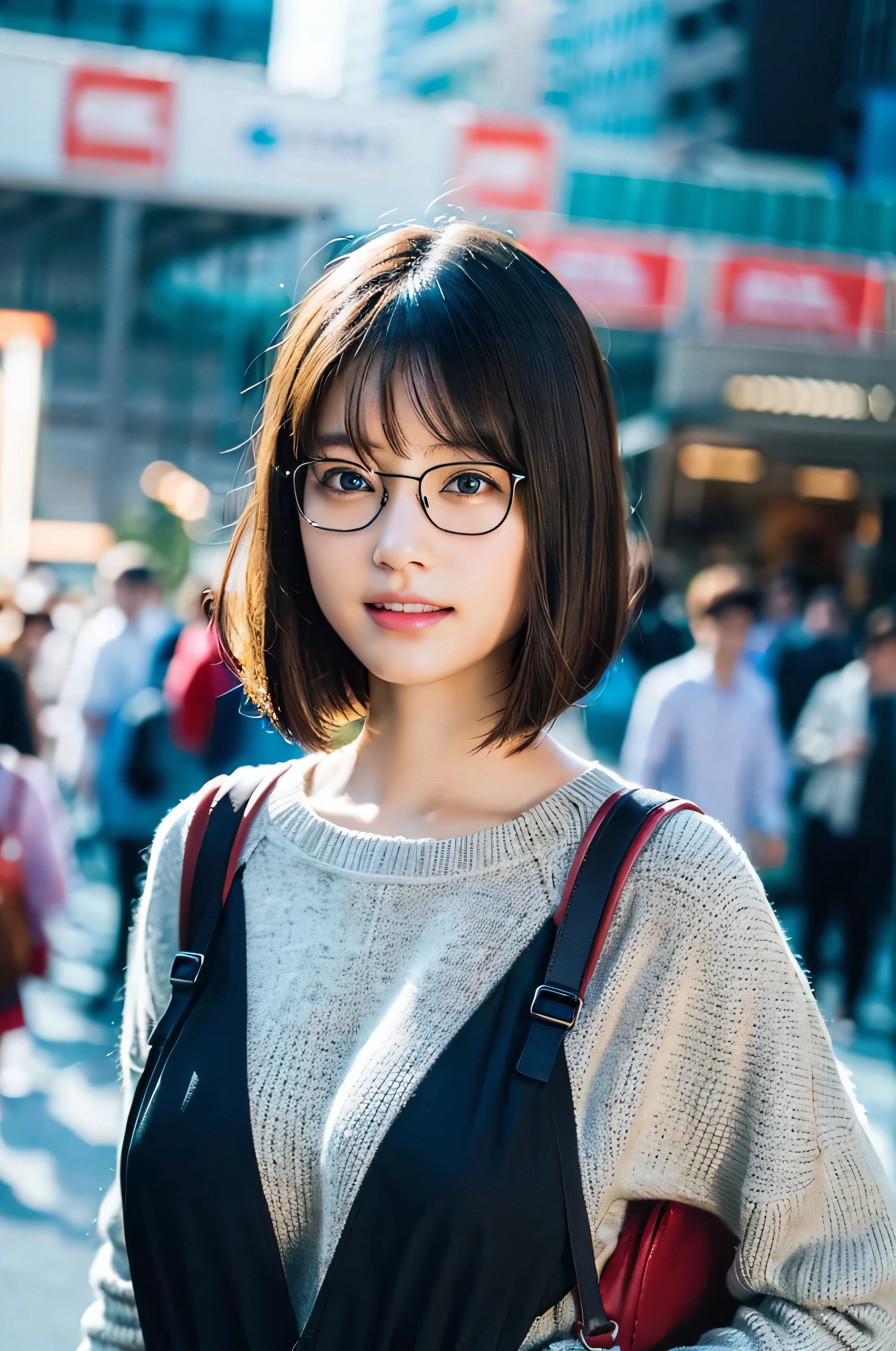 (8k、Raw photo、highest quality、masterpiece:1.2)、(Realistic、Photorealistic:1.37)、Ultra-detailed、超A high resolution、1 girl、Seeing the viewer、Beautifully detailed face、A smile with slightly visible teeth、narrow、(Slim waist) :1.3)、pastel tone clothes、Beautifully detailed skin、Skin Texture、Floating Hair、((Bob Cut Hair))、Shapely large breasts、Professional Lighting、In front of the station at noon、((Black square glasses))、Human whole body、Black Hair、((Have a small rucksack))、