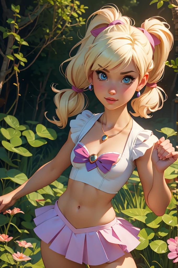 (best quality,4k,highres,ultra-detailed,realistic:1.2), woman, small breasts,short blond hair with a pigtail and bangs, flat abs, raimbow magical girl outfit, vêtements arc-en-ciel, magical girl cosplay, manga cosplay, super mario world, fantasy world, prairie, foret, magical animal flying, earrings , necklace out, fantasy manga