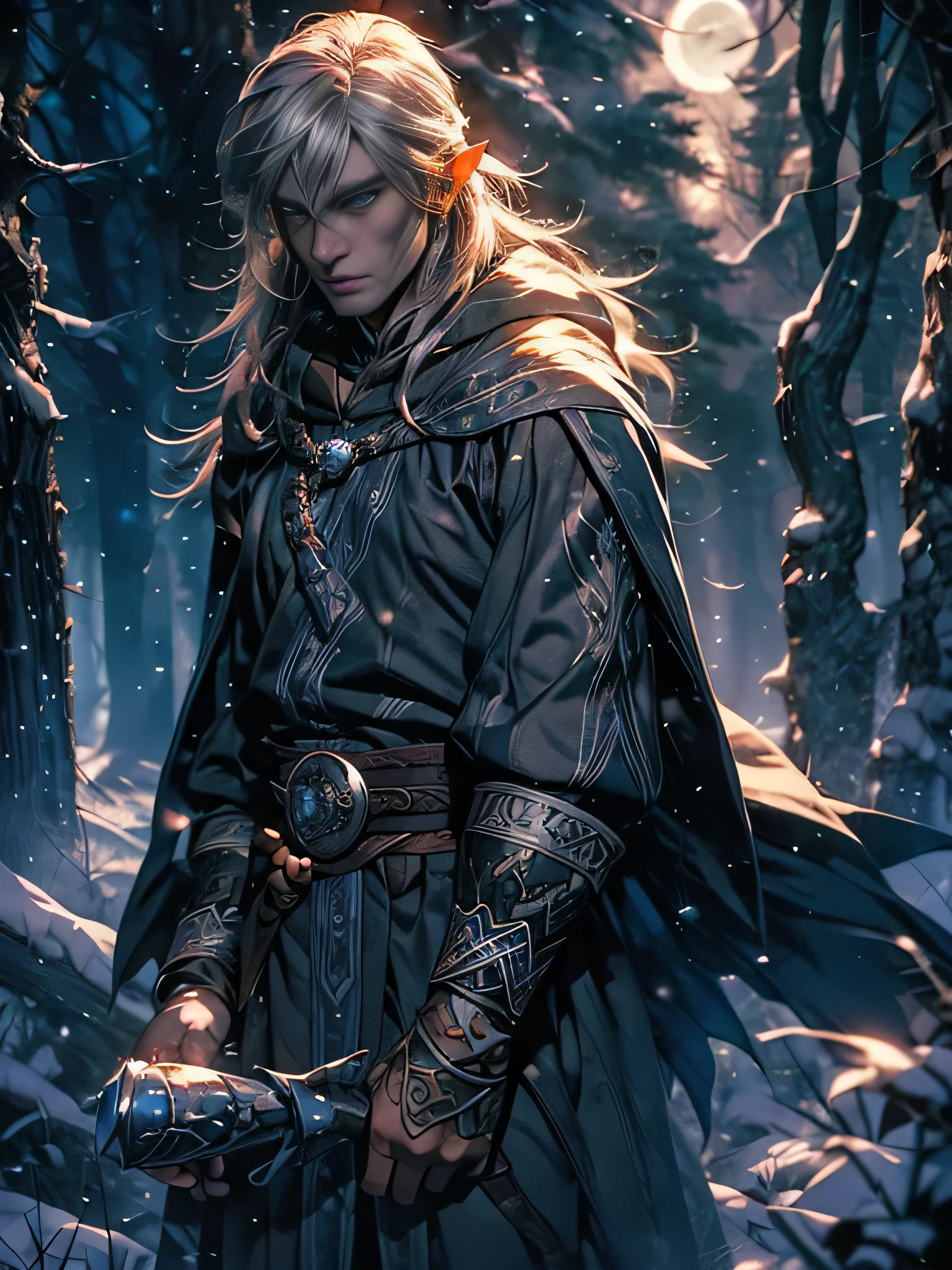 Эльф Man, wearing mage robes, silver hair, dragon scales on face, ghost, walk in the moonlight, night sky, full moon, realistic, Full HD, Best quality, Man, silver hair, Blue eyes