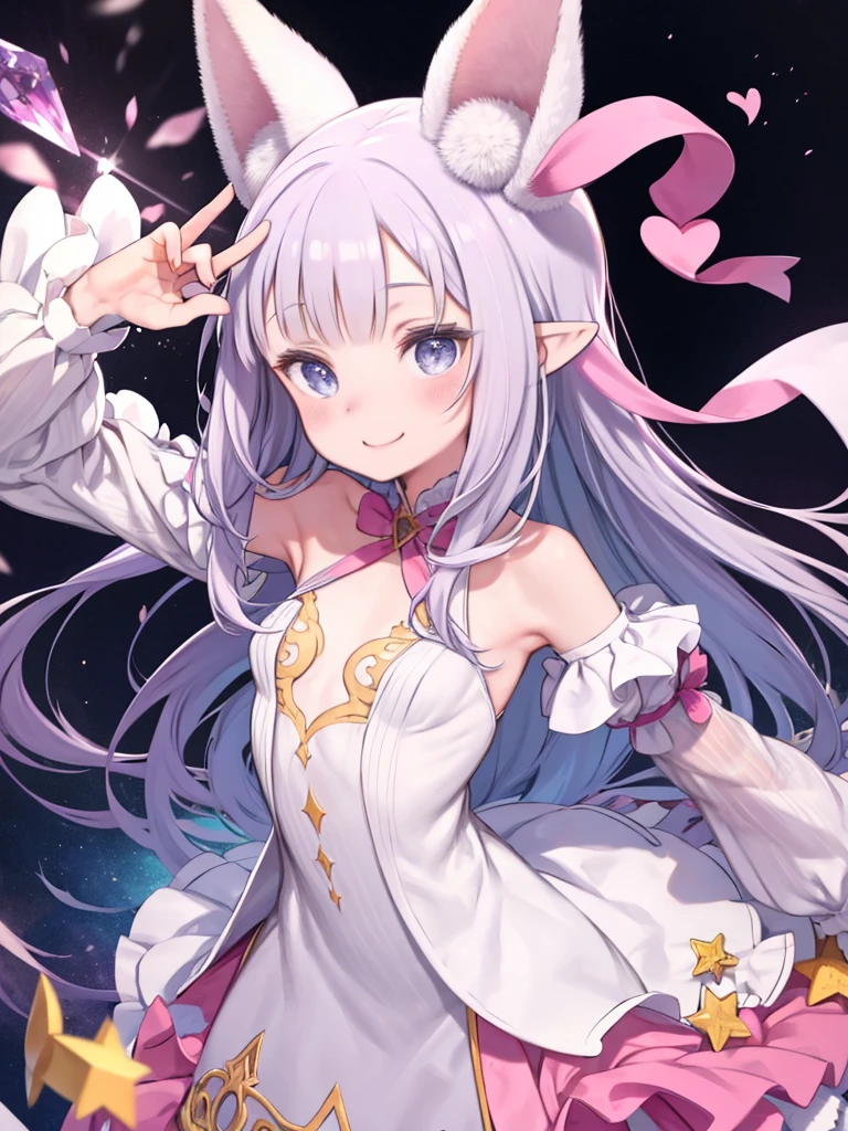 One girl, alone, dress, Gacha Splash Background, Pointy Ears, Pink Ribbon, Hello, performer, heart, Flat Chest, head, Long Hair, Holding a Star, smile, Portraiture、ピンクの髪と天使の羽を持つdressを着たアニメの女の子