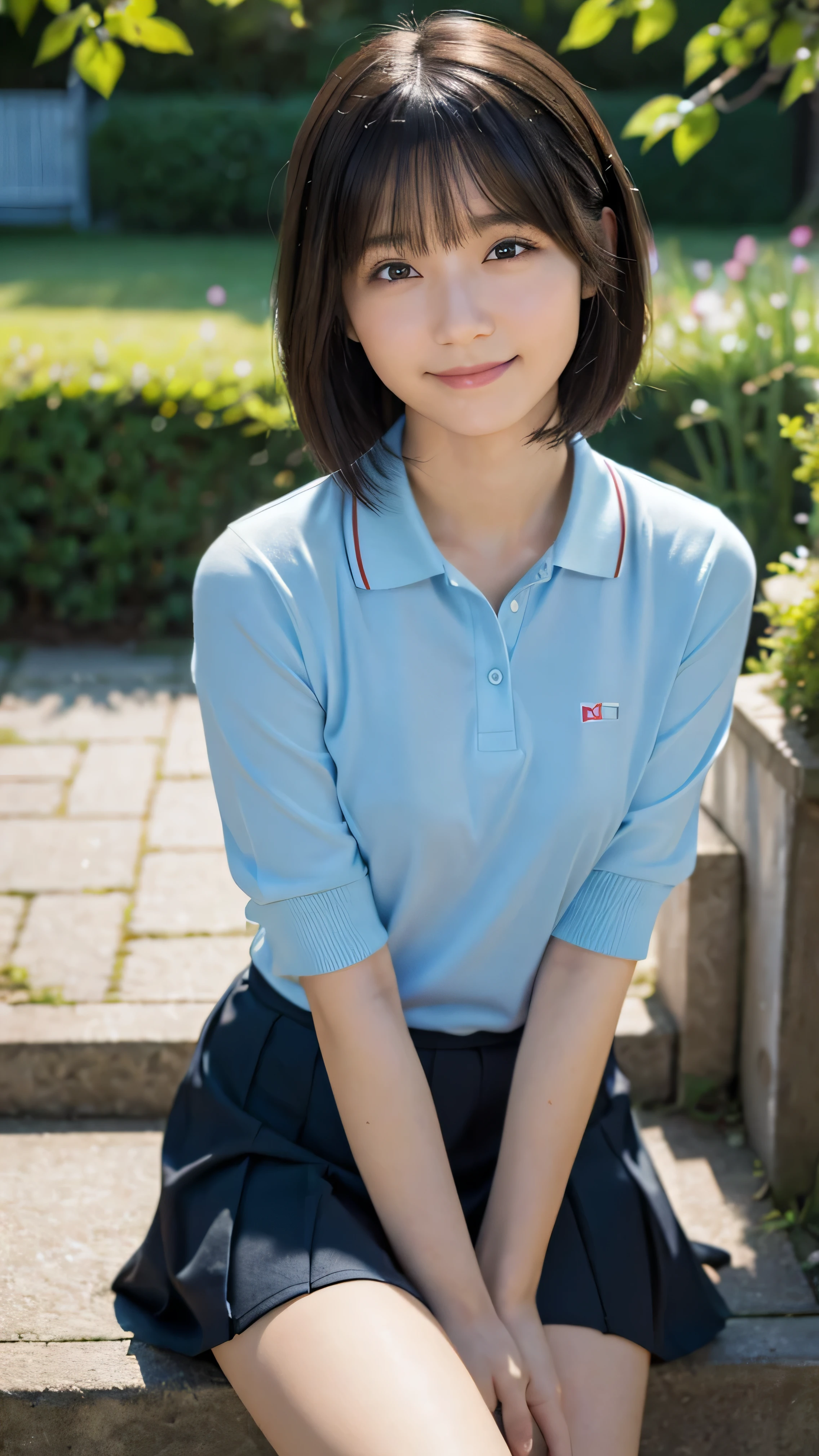 (highest quality,masterpiece:1.3,Ultra-high resolution),(Very detailed,Caustics,8k), (Realistic:1.4, RAW shooting),garden,Grass,sit,Japanese,,cute,(smile),Looking into the camera,Short black hair,Polo shirt,mini skirt,High Angle,High Position,Face Focus,Face close-up,Natural light