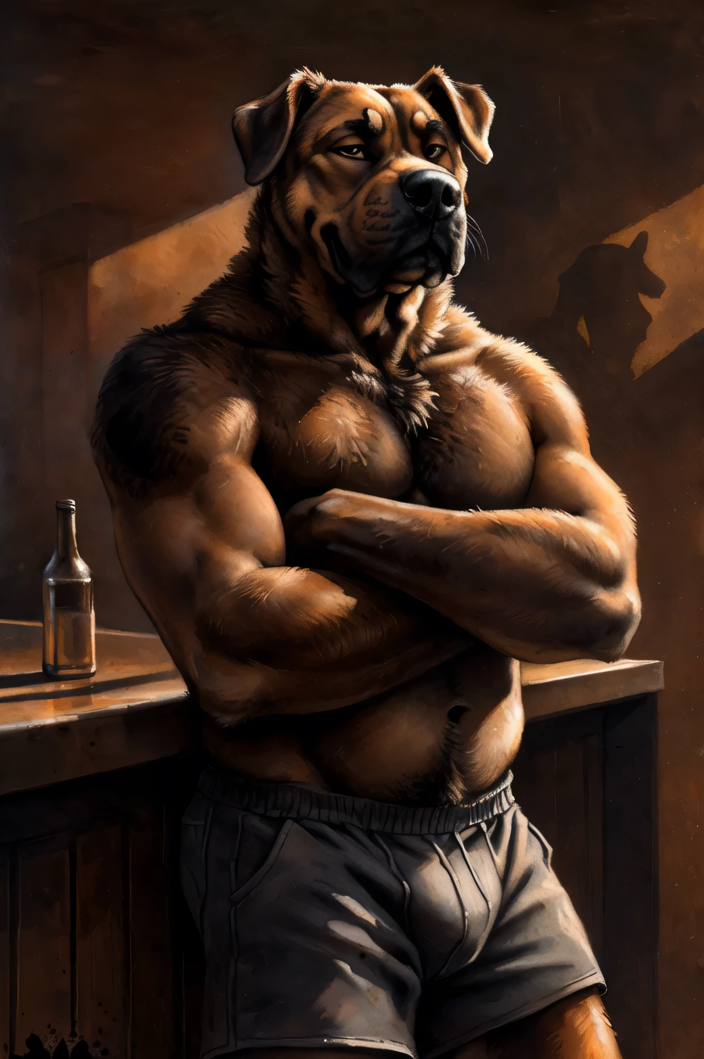 (mastiff), (solo), male, anthro, (by Blotch, by kenket), (tail:1.3), (perfect hands), (((smug expression))), ((bar background), inside, powerful silhouette, mysterious shadows), realistic shading, (epic, masterpiece, high quality, 8k, ultra HD, absurd res, top quality, best quality, max quality, masterpiece), ((thick fur, large build)), correct anatomy:1.2, ((mature male)), sexy, (bulge:0.6), (brown fur), leaning against wall, arms crossed, looking at viewer, shorts,