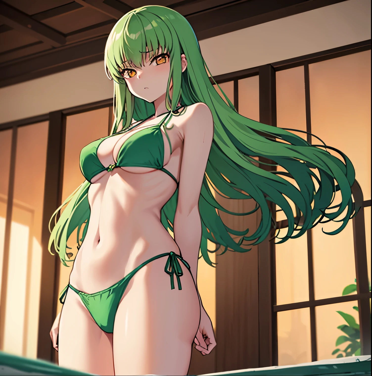 1girl,alone,c.c., expressionless,frown,(masterpiece, best quality, ultra detailed, best shadow, volumetric lighting), (beautiful detailed face, beautiful detailed eyes), (best lighting), orange eyes, long hair, hair green, (green bikini: 1.4), ruffled bikini, (cowboy photo: 1.3), medium breasts, medium waist, wide hips, wide thighs, round butt, looking at the viewer, looking from behind, from behind, I focused on the ass,pov(from below),standing,pool,indoor,mksks style,beautiful background,professional lighting,landscape with warm colors,sexy body,perfect anatomy,perfect hands