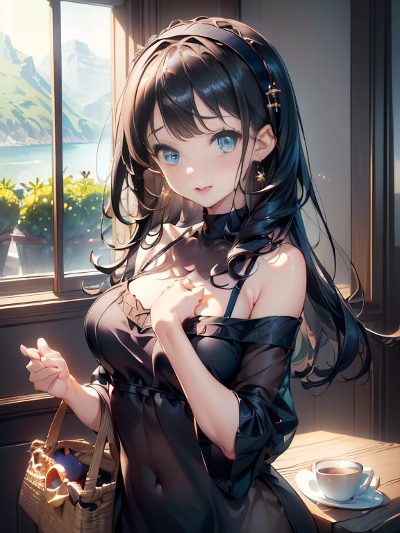(perky chest:1.2), (pointed chest:1.2),(((Black Tunic:1.3))),(((cakes and bread in the basket),Cute and beautiful girl,Cute round face,Cute smile,with blush cheeks,Red Lip,solo, looking at viewer, open mouth, have a cute grass of cute beergrass,black hair, dark green eyes, dress, bare shoulders, jewelry, collarbone, sidelocks, hairband, earrings, indoors, off shoulder, sweater, arms behind back, plant, short hair with long locks, gild hairband, off-shoulder dress, sweater dress, off-shoulder sweater, black sweater, dark gord hair, big side hair, very long side hair,is rendered in (masterpiece: 1.2, best quality), with (ultra high resolution) and an exquisite (depth of field),(Bangs are see-through bangs),hair pin,hair adornments,detailed clothes features,Detailed hair features,detailed facial features,(Dynamic angles),(Dynamic and sexy poses),Cinematic Light,(masutepiece,top-quality,Ultra-high resolution) ,(The 8k quality,Anatomically accurate facial structure,),(Sea Art 2 Mode:1.3),(Image Mode Ultra HD) ,(Hold a coffee in your hand:1.3),delicate beautiful face, Bright blue eyes, cute eyes, sparkling eyes, Big eyes, (perky chest:1.1), (pointed chest:1.3), looking at viewer,