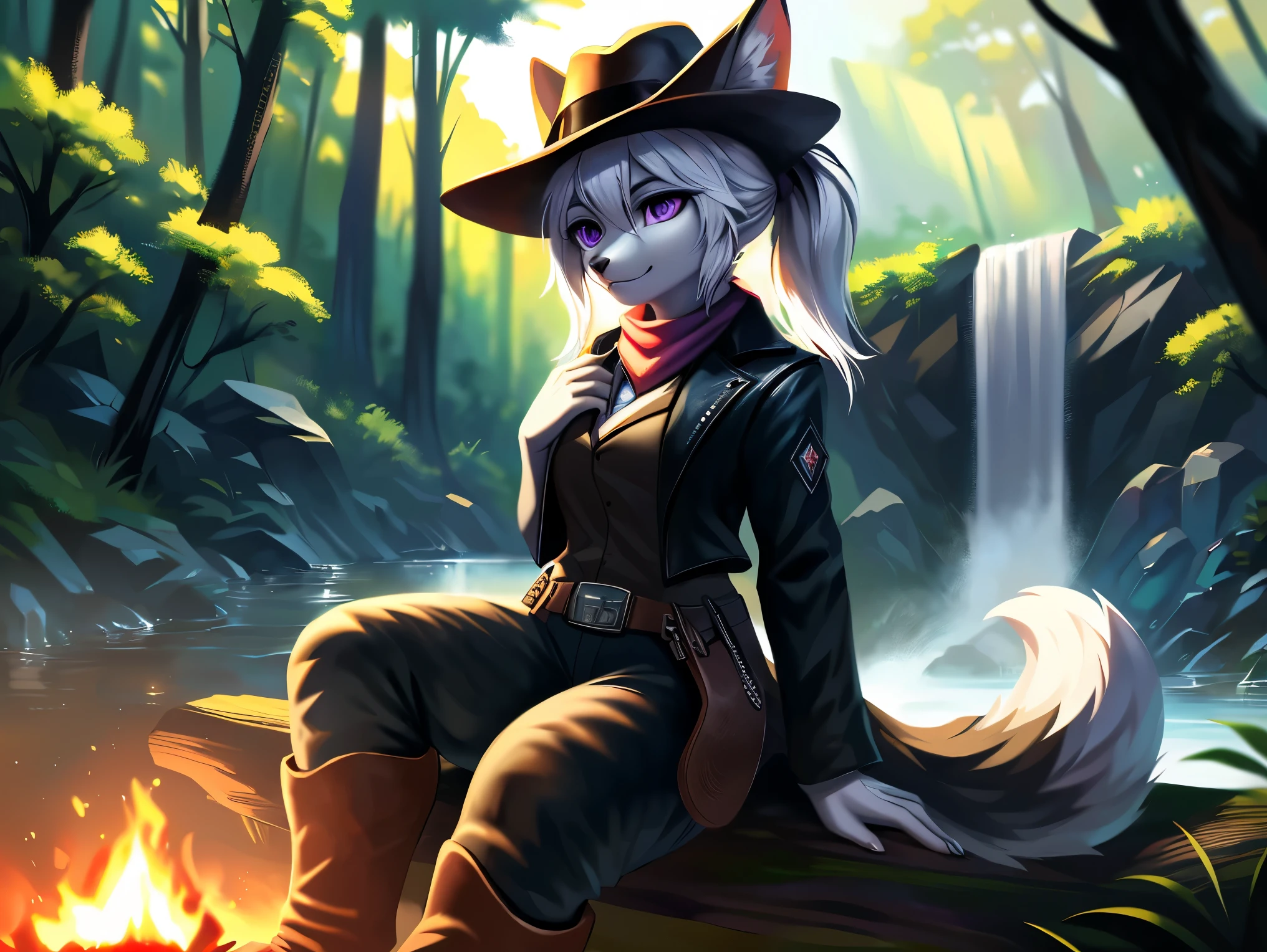 fox, female, solo, white hair, ponytail, ((grey fur)), (purple eyes), covered breasts, ((black gambler clothes)), (((large cowboy hat))), (((black cowboy hat))), black pants, purple handkerchief, forest, sitting on log, 1 campfire, ((waterfall)), (up close), Very good figure, best quality, highres, 16k, Natural soft light, Tyndall effect, Advanced film lighting, Unreal Engine5, Extremely realistic, A high resolution, perfect masterpiece, high quality, high resolution