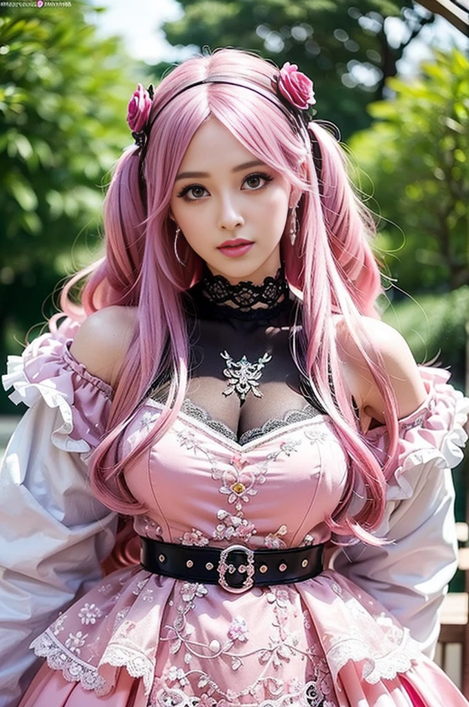 nsfw, sexy stylish Swedish model, only 1 female, ((doll-like appearance)), long neon pink stylish hair, shiny Victorian-Style boots, beautiful smile, ultra detailed eyes, vivid eye makeup, lipgloss, long lashes, defined eyebrows, ((sexy Paradise Kiss cosplay)), bell-shaped skirt, petticoats, high neckline, puffed sleeves, ((ultra detailed lace)), ((ultra detailed embroidery)), intricate details, Paradise Kiss accessoires and matching headpiece, choker, ((large sparkling Paradise Kiss jewelry)), cinematic light, detailed large park background with trees