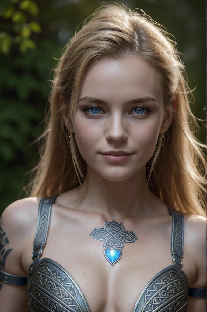 Jeune femme de 25 ans, visage fin, cheveux long, cheveux blonds, yeux bleus, HD, 8K, masterpiece, sourire romantique, sexy, metal lingery, celtic design chest armor, guerrière viking, celtic tattoo, at night, topless, viking chest tattoo, aurore boreale, milky way
