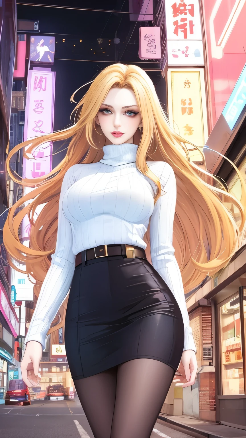 (masterpiece, best quality:1.2), 1girl, solo,mature_lady, delicate face,detail eyes,long hair, floating hair,medium breasts, floating clothes,,White Turtleneck knitted sweater,running,Cyberpunk City, Street, Night, neon light, neon sign,