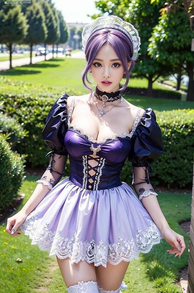 nsfw, sexy stylish Swedish model, only 1 female, ((doll-like appearance)), short purple stylish hair, shiny Victorian-Style boots, beautiful smile, ultra detailed eyes, vivid eye makeup, lipgloss, long lashes, defined eyebrows, ((sexy Paradise Kiss cosplay)), bell-shaped skirt, petticoats, high neckline, puffed sleeves, ((ultra detailed lace)), ((ultra detailed embroidery)), intricate details, Paradise Kiss accessoires and matching headpiece, choker, ((large sparkling Paradise Kiss jewelry)), cinematic light, detailed large park background with trees 