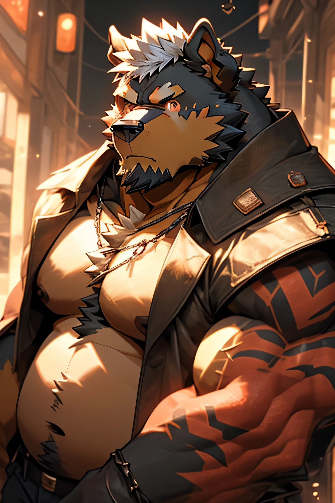 Man, alone, trench coat (black), shoulder pad with scales (red scales), tactical face mask, kemono, from the front, barazoku, hairy dog (rottweiler breed), hairy, muscular body, fat (fat, fat), beard thick, red eyes, faded haircut, silver hair color, left arm tattoos, right eye scar,