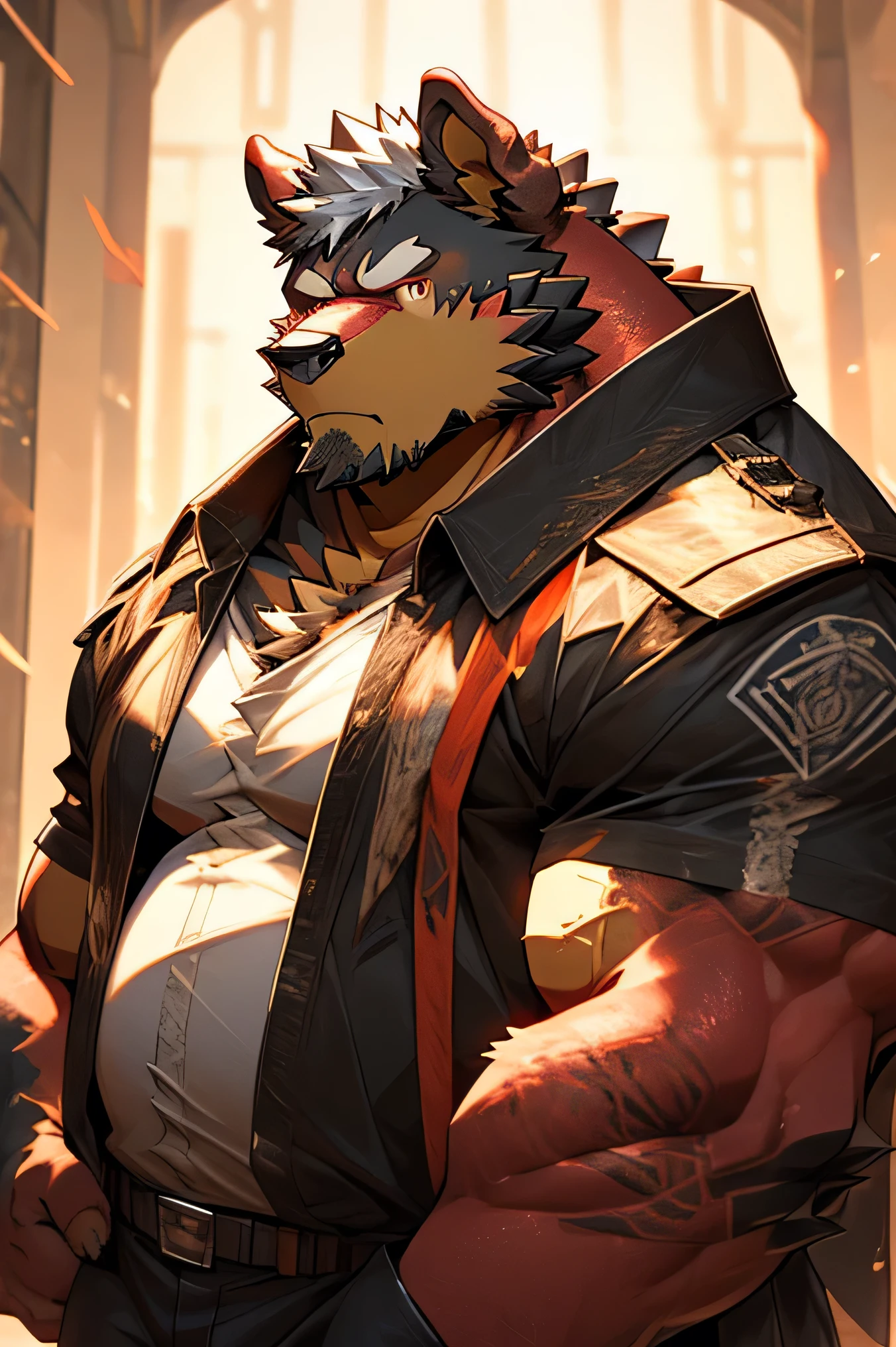 Man, alone, trench coat (black), shoulder pad with scales (red scales), tactical face mask, kemono, from the front, barazoku, hairy dog (rottweiler breed), hairy, muscular body, fat (fat, fat), beard thick, red eyes, faded haircut, silver hair color, left arm tattoos, right eye scar,