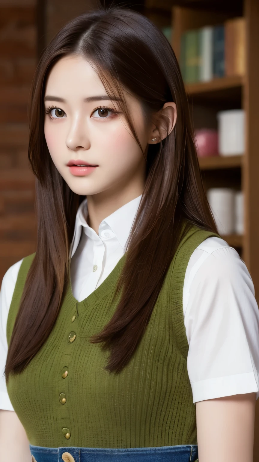 (lifelike, high resolution:1.3), 1 girl with a perfect figure, The face shape and eyes are super beautiful,Long hair, Random color vest:1.2, Short jeans, Big boobs,Baogou