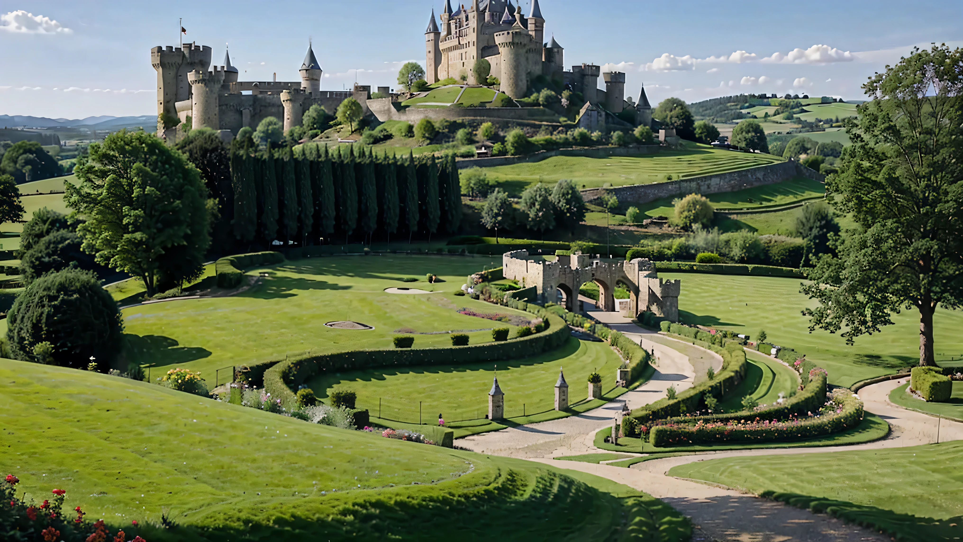 (medieval castle complete with hills, lawn, garden, towers, bridge,the landscape),